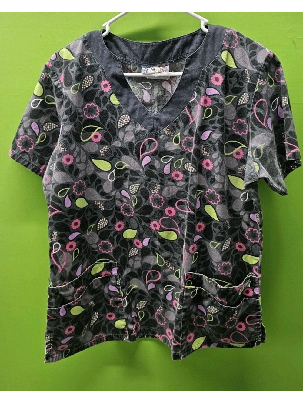 UA Scrubs Women's Scrub Top Black Neon Pink Green Boho Medical Nurse Vet Medium